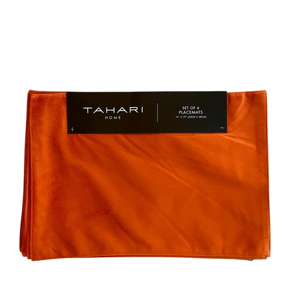 TAHARI Fall Velvet Velour Placemats 6pc 13x19 Orange Rust Autumn Decor New
